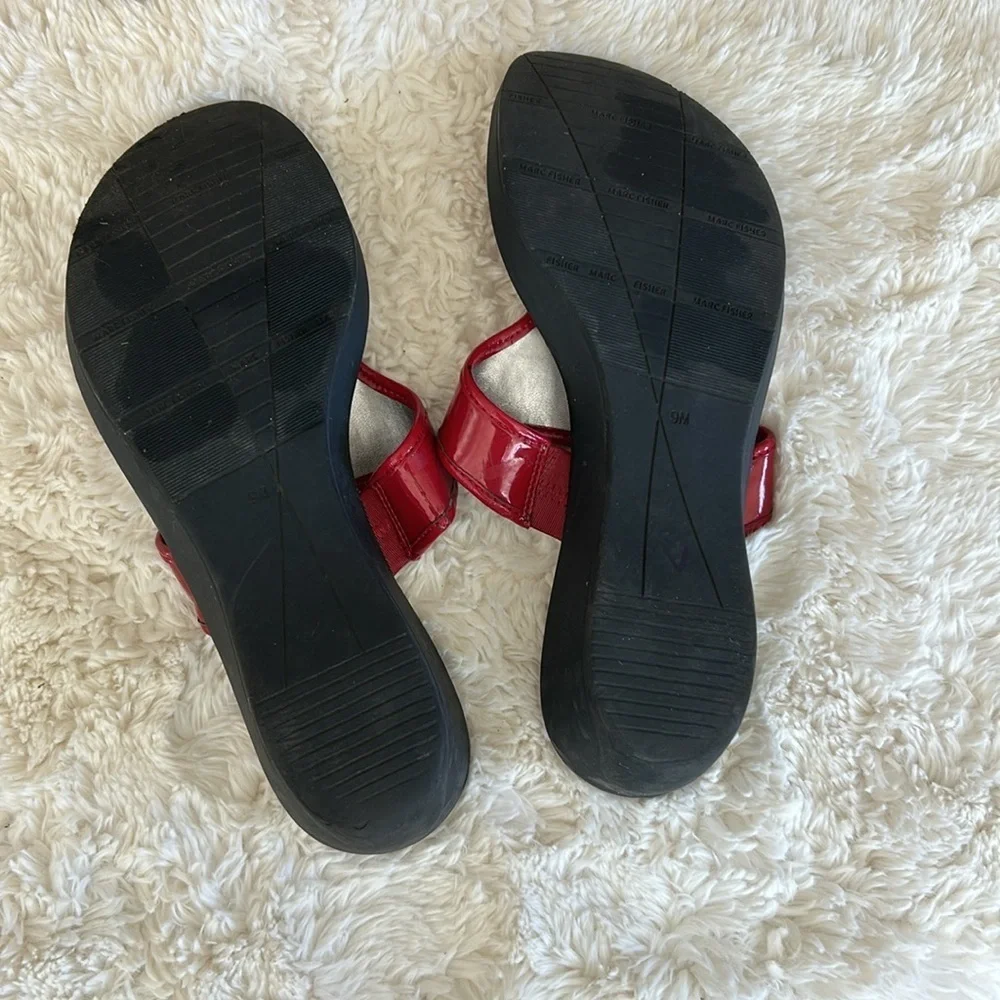 Marc Fisher Red  Patent Leather Sandals with Metallic Embellishment